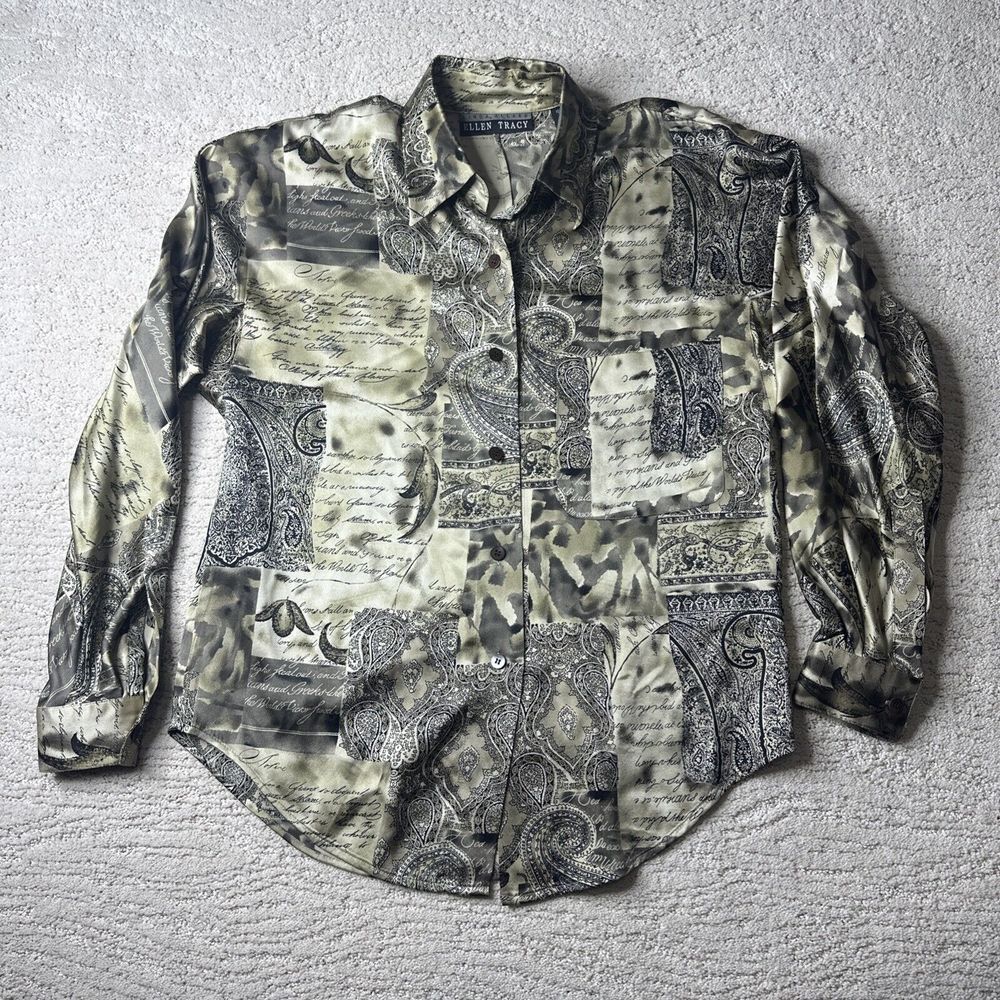 VTG Linda Allard Ellen Tracy 100%‎ Silk Paisley and Script Print Blouse Size 4